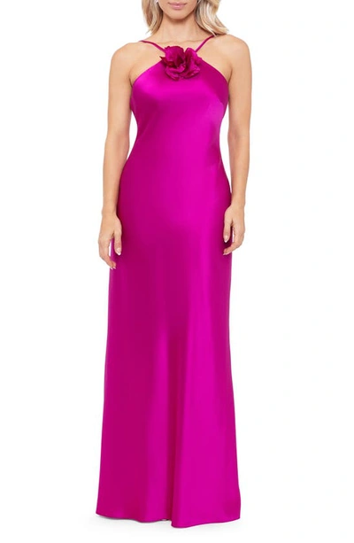 Shop Xscape Rose Appliqué Satin Gown In Magenta