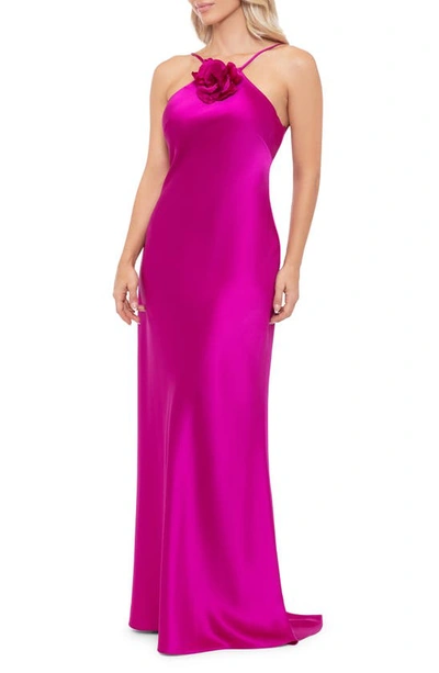 Xscape Women's Flower-trim Sleeveless Satin Gown In Magenta