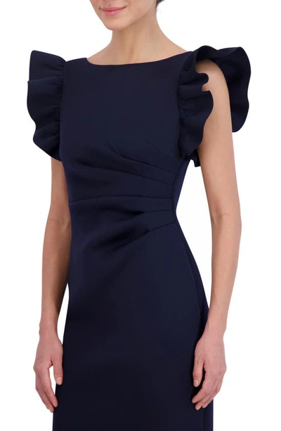 Shop Eliza J Ruffle Sleeve Satin Cocktail Sheath Dress In Navy