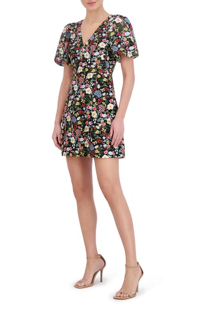 Shop Eliza J Floral Puff Sleeve Minidress In Black Multi