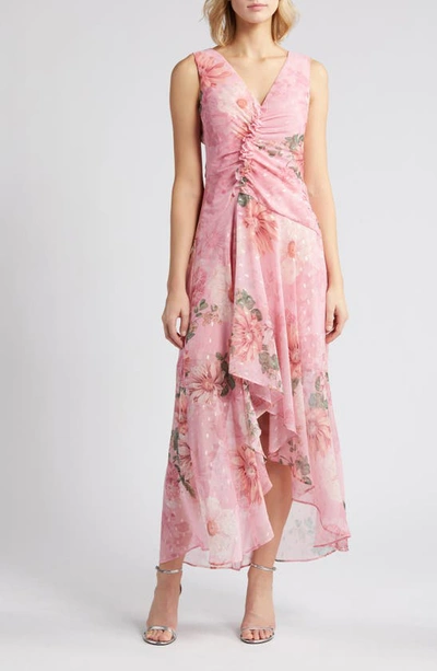 Shop Eliza J Floral Ruched Clip Dot Chiffon Cocktail Dress In Rose