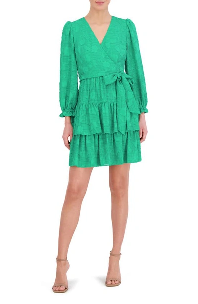 Shop Eliza J Floral Appliqué Long Sleeve Tiered Dress In Green