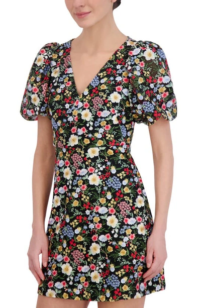 Shop Eliza J Floral Puff Sleeve Minidress In Black Multi