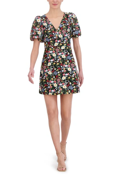 Shop Eliza J Floral Puff Sleeve Minidress In Black Multi