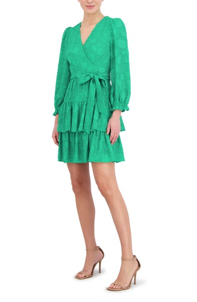 Shop Eliza J Floral Appliqué Long Sleeve Tiered Dress In Green