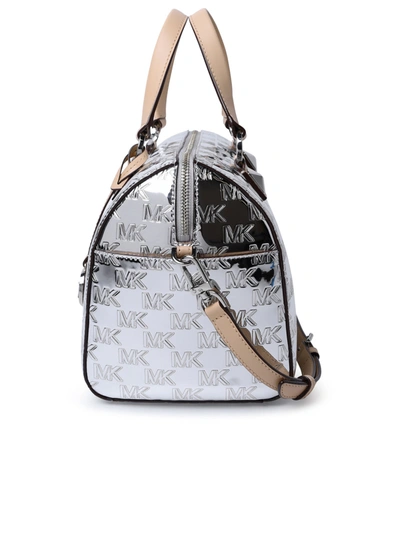 Shop Michael Michael Kors 'medium Grayson' Silver Satchel Bag With All-over Embossed Logo In Patent Woman In Grey
