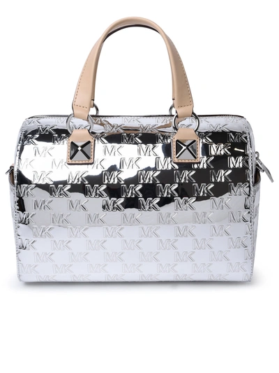 Shop Michael Michael Kors 'medium Grayson' Silver Satchel Bag With All-over Embossed Logo In Patent Woman In Grey