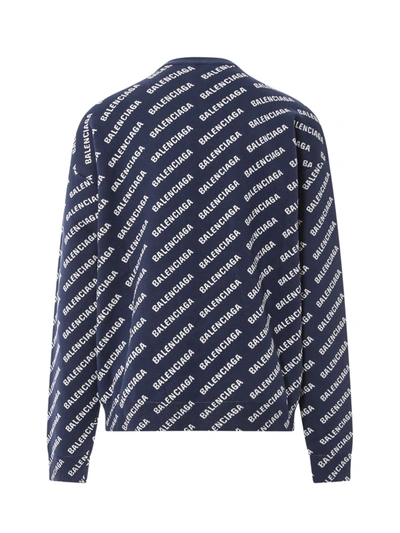 Shop Balenciaga Allover Logo Cotton Crewneck Sweater In Blue