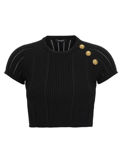 Shop Balmain Knitted Cropped Top In Black