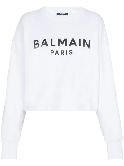 Shop Balmain Logo Organic Cotton Cropped Sweatshirt In White