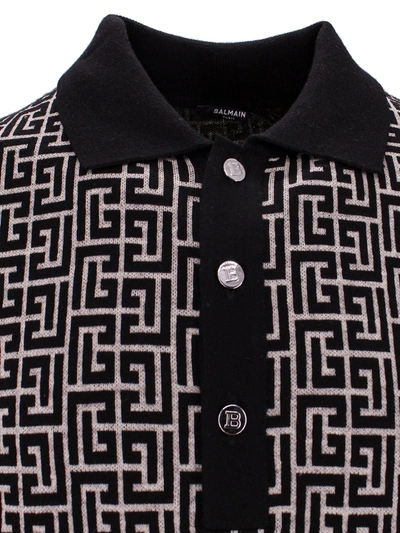 Shop Balmain Jacquard Knit Polo Shirt In Black