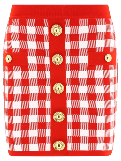 Shop Balmain Vichy Buttoned Mini Skirt In Red