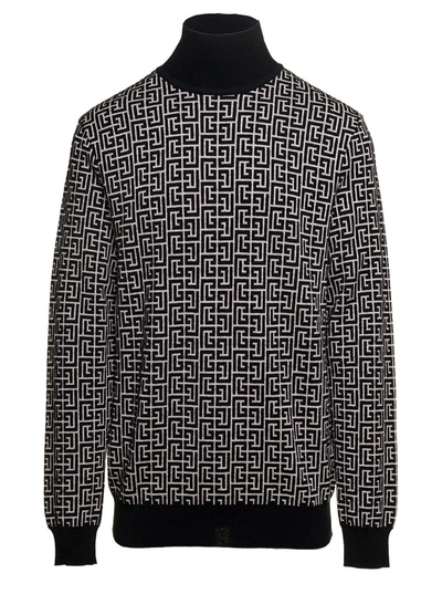 Shop Balmain Black And White Sweater With 'all-over' Monogram In Wool And Linen Man
