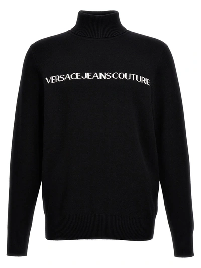 Shop Versace Jeans Couture Black Turtleneck With Contrasting Logo Lettering In Cotton And Cashmere Man