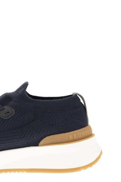 Shop Brunello Cucinelli Runners In Cotton Knit And Semi-glossy Calf Leather In Blue