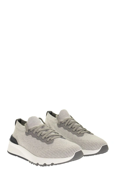 Shop Brunello Cucinelli Runners In Cotton Knit And Semi-glossy Calf Leather In Grey