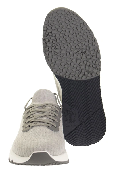 Shop Brunello Cucinelli Runners In Cotton Knit And Semi-glossy Calf Leather In Grey