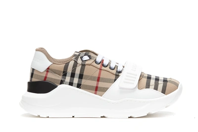 Shop Burberry Check Motif Leather Sneakers In White