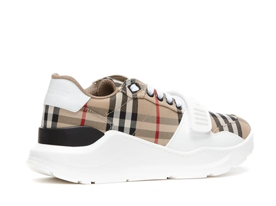 Shop Burberry Check Motif Leather Sneakers In White