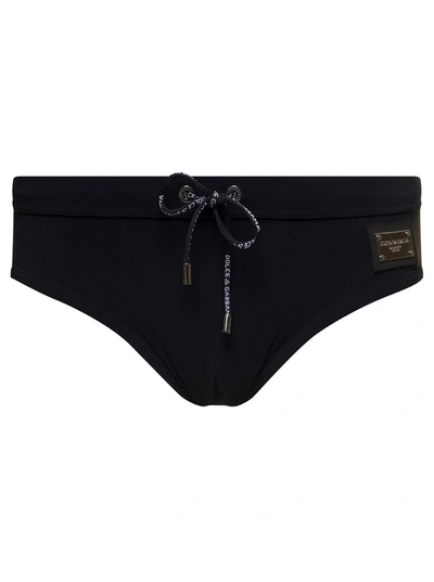 Shop Dolce & Gabbana Black Swim Briefs With Branded Drawstring And Logo Tag In Stretch Polyamide Man