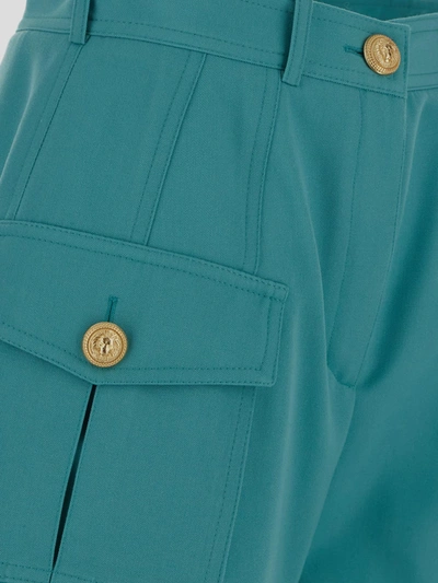 Shop Balmain Light Blue Shorts With Cuff And Jewel Buttons In Wool Woman In Green