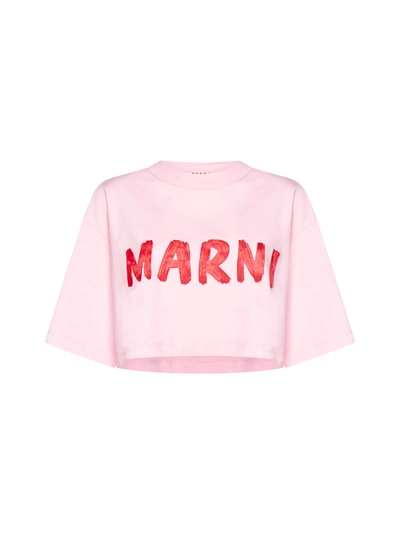 Shop Marni Pink Cropped T-shirt With Logo Print In Cotton Woman