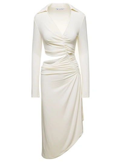 Shop Off-white Midi White Dress With Cut And Gathering Details In Viscose Stretch Woman