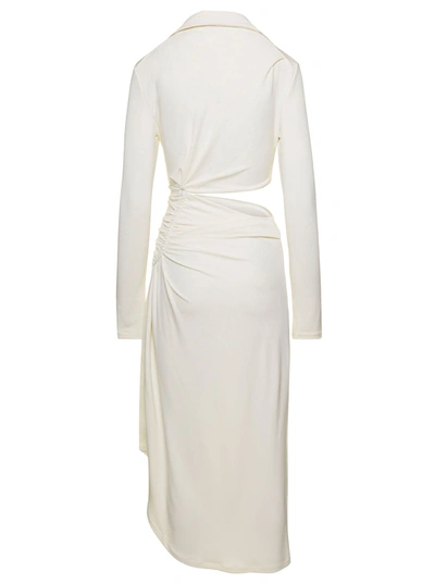 Shop Off-white Midi White Dress With Cut And Gathering Details In Viscose Stretch Woman