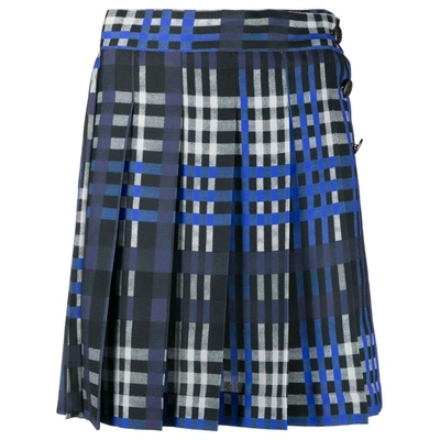 Shop Msgm Check Pleated Skirt In Blue