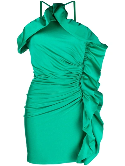 Shop P.a.r.o.s.h . Ruffled Ruched Satin-finish Mini Dress In Green
