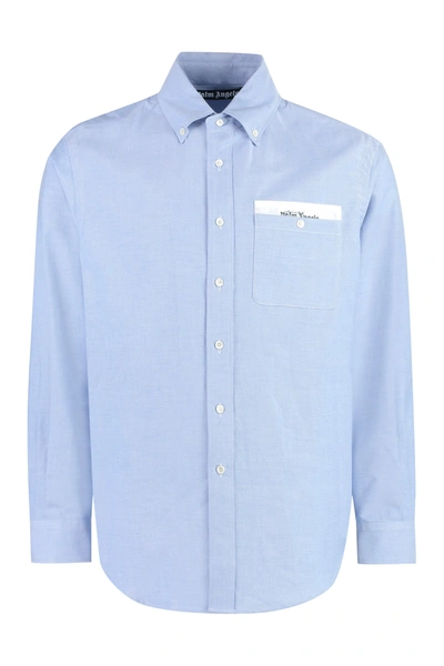 Shop Palm Angels Button-down Collar Cotton Shirt In Blue
