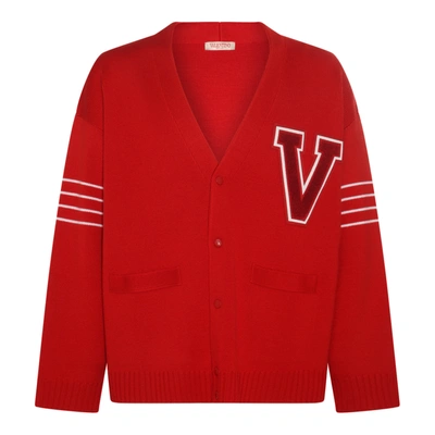 Shop Valentino Red And White Wool Blend Cardigan In Red Ivory