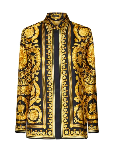 Shop Versace Black And Yellow Shirt With Barocco Print In Silk Woman