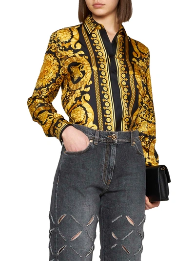 Shop Versace Black And Yellow Shirt With Barocco Print In Silk Woman