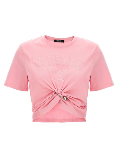 Shop Versace Bropped T-shirt With Embroidered Logo Pin In Pink