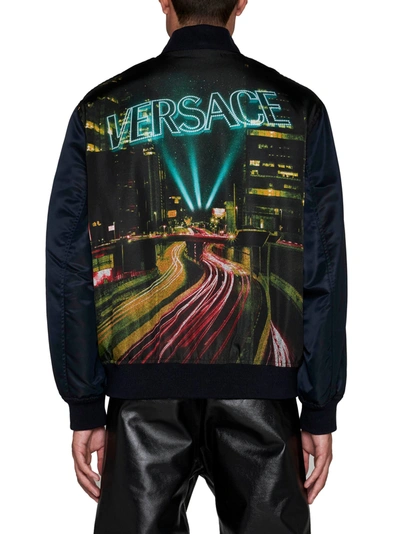 Shop Versace Black And Multicolour Printed Bomber Down Jacket In Red