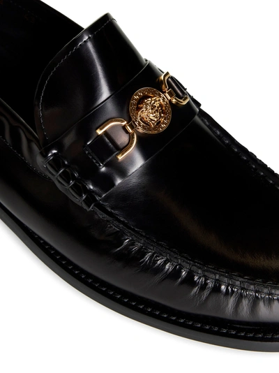 Shop Versace Black And Gold Leather Medusa Loafers