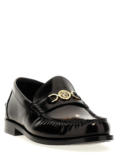 Shop Versace Black And Gold Leather Medusa Loafers