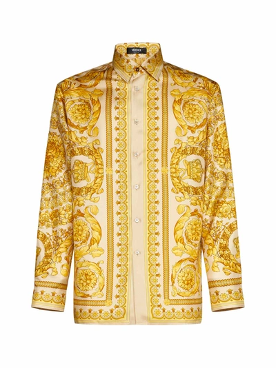 Shop Versace Barocco Print Silk Shirt In Champagne