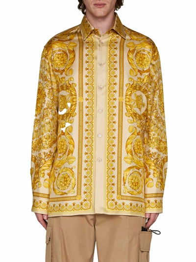 Shop Versace Barocco Print Silk Shirt In Champagne