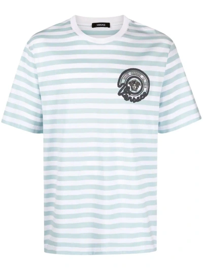 Shop Versace Striped Jersey Fabric T-shirt + Embroidered Nautical Emblem Clothing In White
