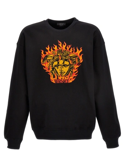 Shop Versace Black Multicolour Cotton  Medusa Flame Sweatshirt
