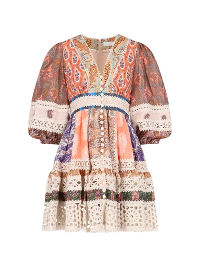 Shop Zimmermann Mini Multicolor Dress With Puff Sleeves And All-over Paisley Print In Linen Woman