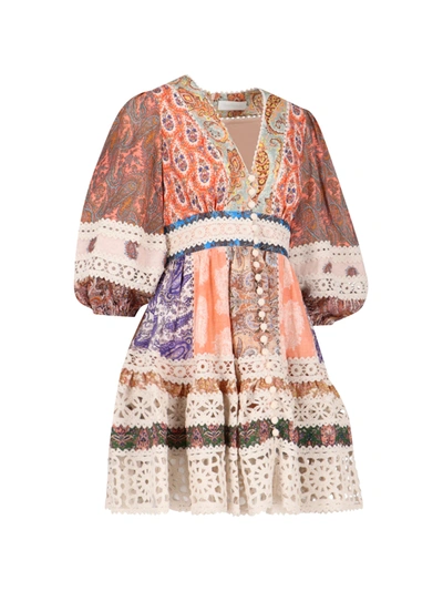 Shop Zimmermann Mini Multicolor Dress With Puff Sleeves And All-over Paisley Print In Linen Woman