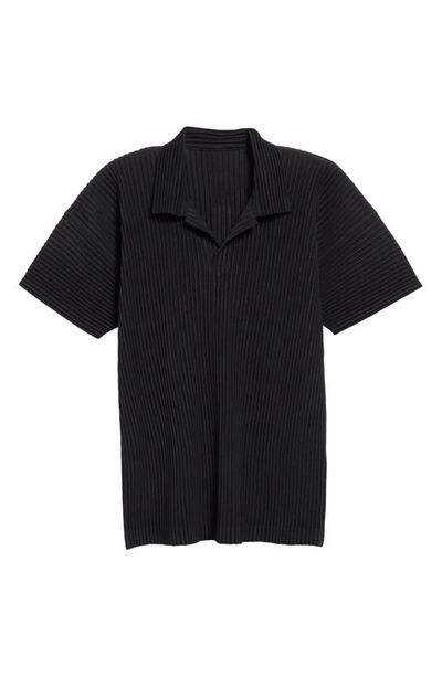 Issey Miyake Pleated Black Polo Shirt With Boxy Silhouette In Black