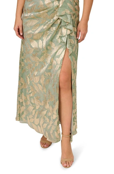 Shop Adrianna Papell Asymmetric Metallic Foil Leaf Gown In Sage/ Gold