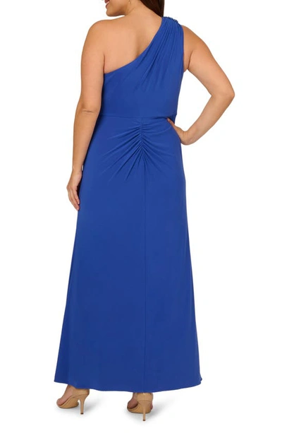 Shop Adrianna Papell Embellished One-shoulder Jersey Cocktail Dress In Brilliant Sapphire