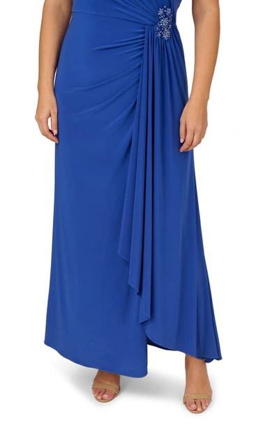 Shop Adrianna Papell Embellished One-shoulder Jersey Cocktail Dress In Brilliant Sapphire