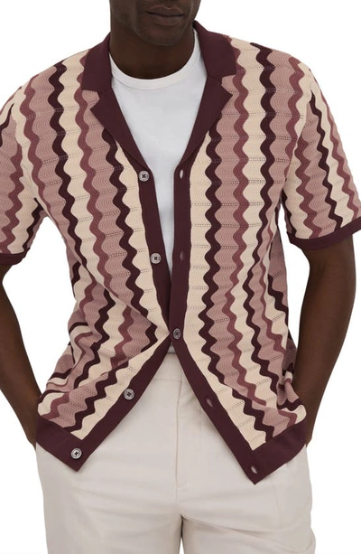 Shop Reiss Summer Pointelle Zigzag Stripe Knit Button-up Shirt In Rose Multi