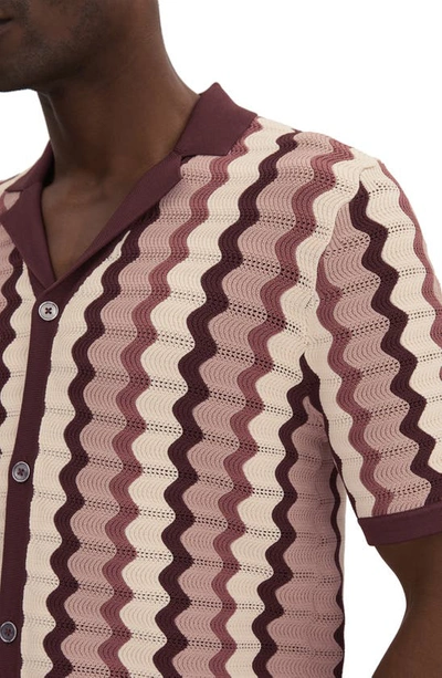 Shop Reiss Summer Pointelle Zigzag Stripe Knit Button-up Shirt In Rose Multi